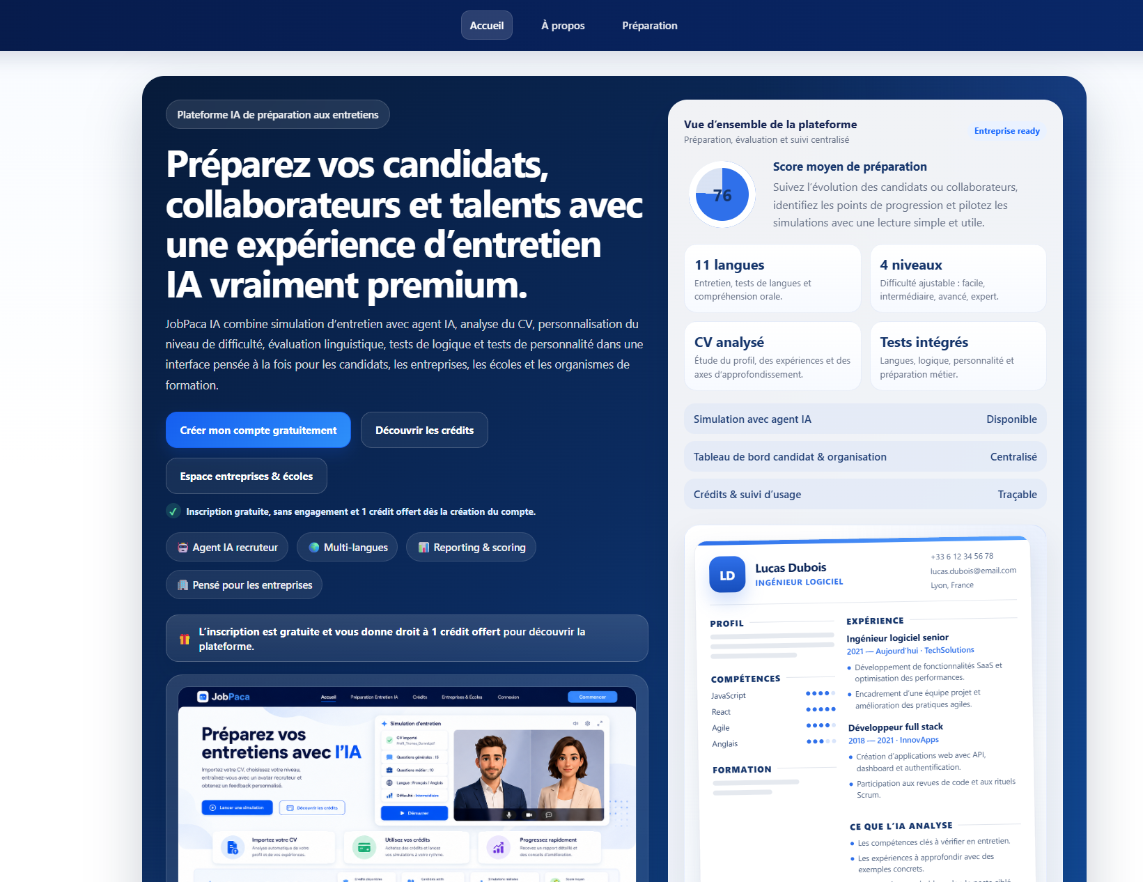 Capture d’écran du site Entretien IA by JobPaca